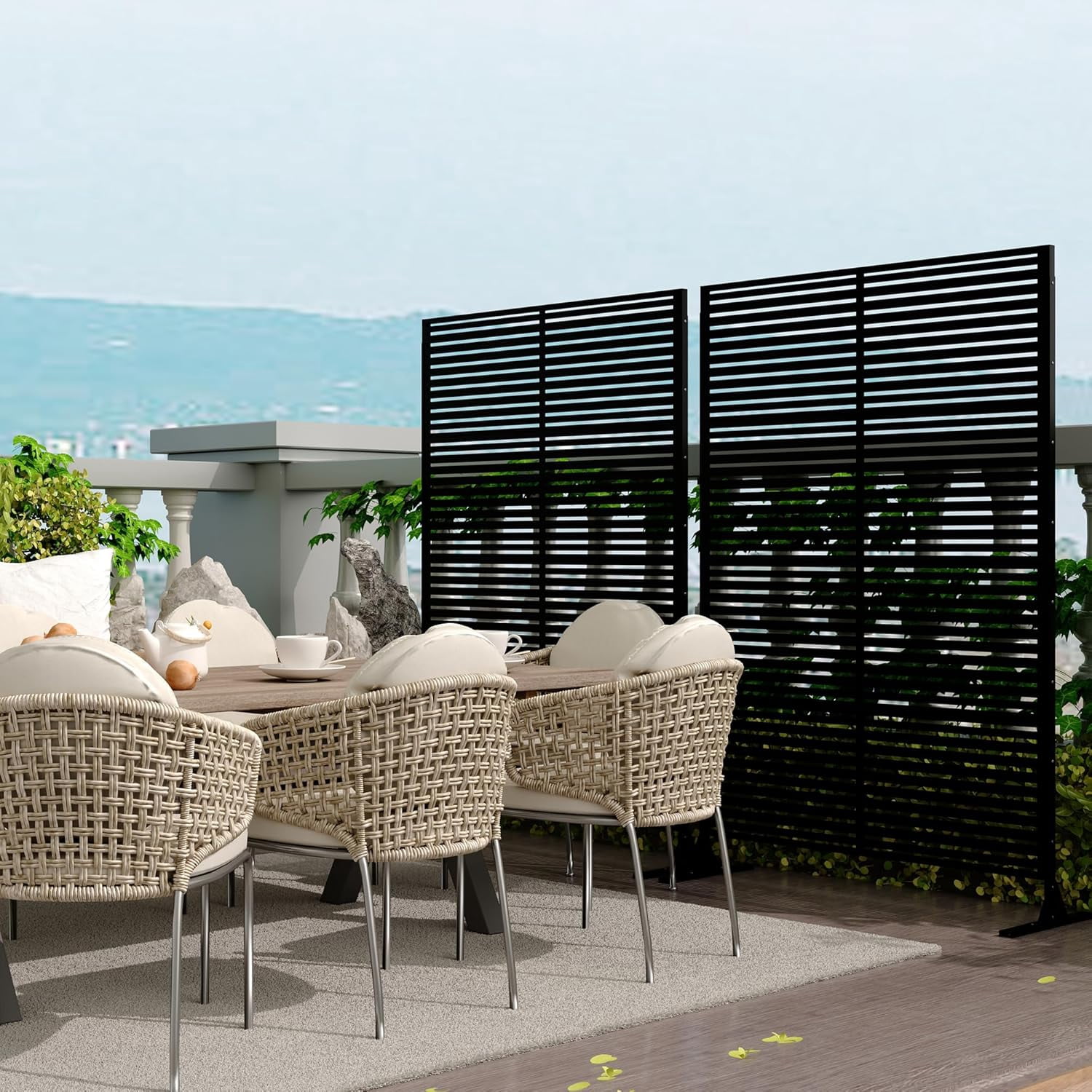 QinaQin 2PC Metal Privacy Screen Outdoor, Freestanding Divider, Black Stripe