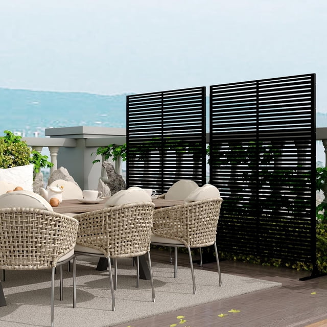QinaQin 2PC Metal Privacy Screen Outdoor, Freestanding Divider, Black Stripe
