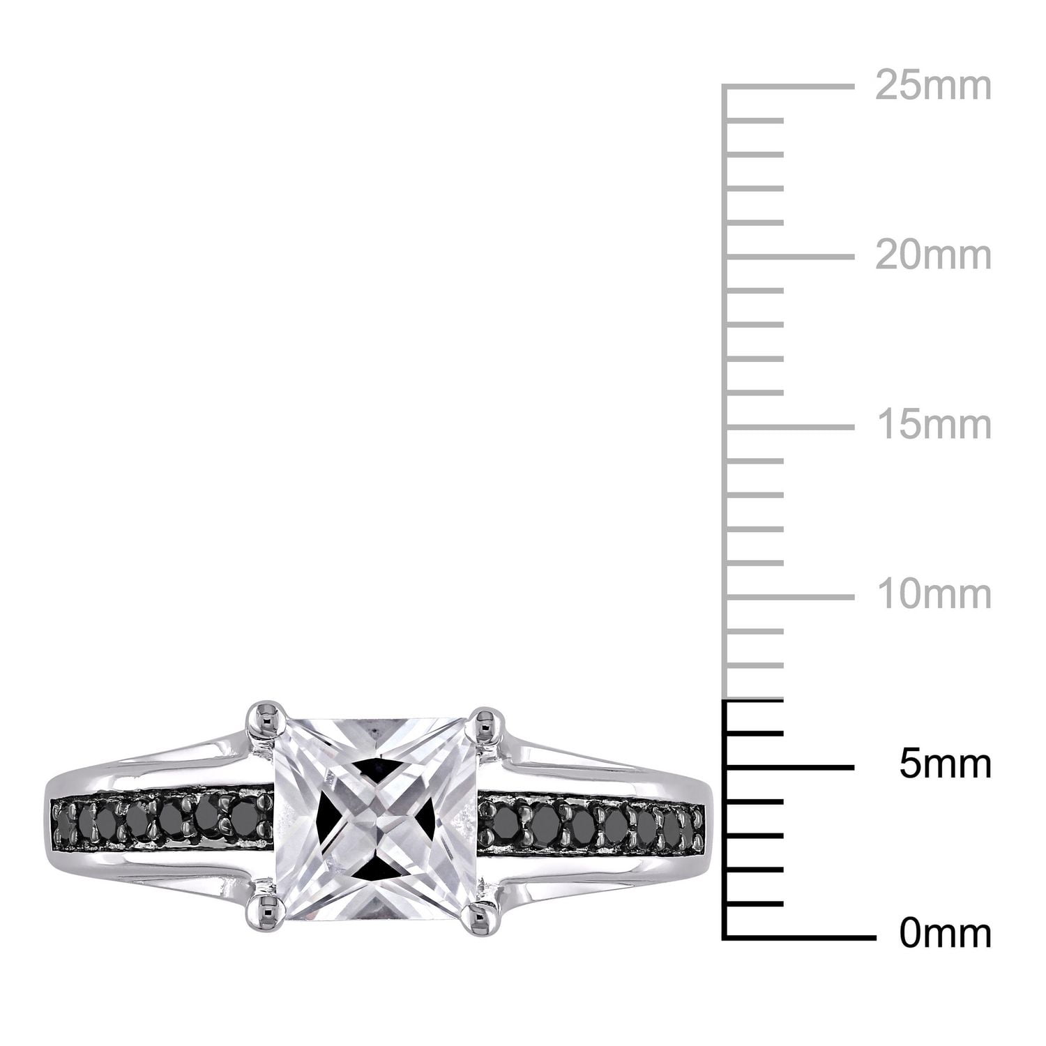 Bague de fiançailles Asteria avec saphirs blancs synthétiques d'1,33 ct PBT et diamants noirs de 0,14 ct poids total en argent sterling