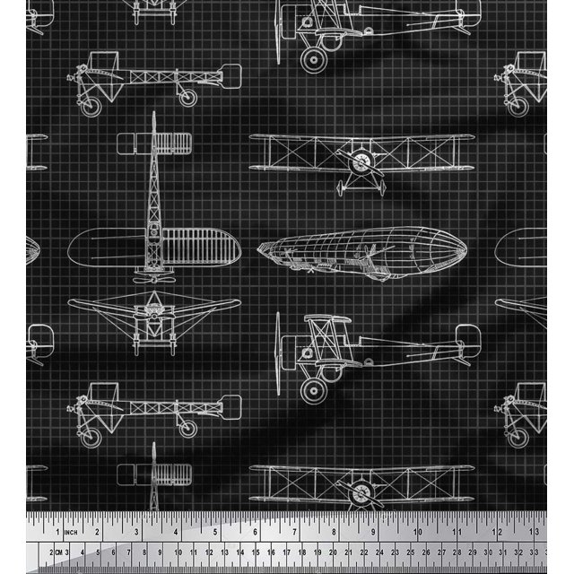 Soimoi Polyester Crepe Fabric Check & Airplane Transport Print Fabric by The Yard 52 Inch Wide