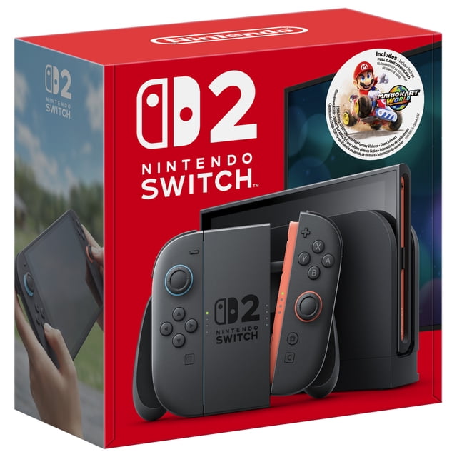 Nintendo Switch™ 2 bundle box featuring the console with gray Joy-Con™ 2 controllers magnetically attached, the dock supporting 4K resolution, and a Mario Kart™ World full game download badge on the front, shown at a 3/4 angle with a red background.