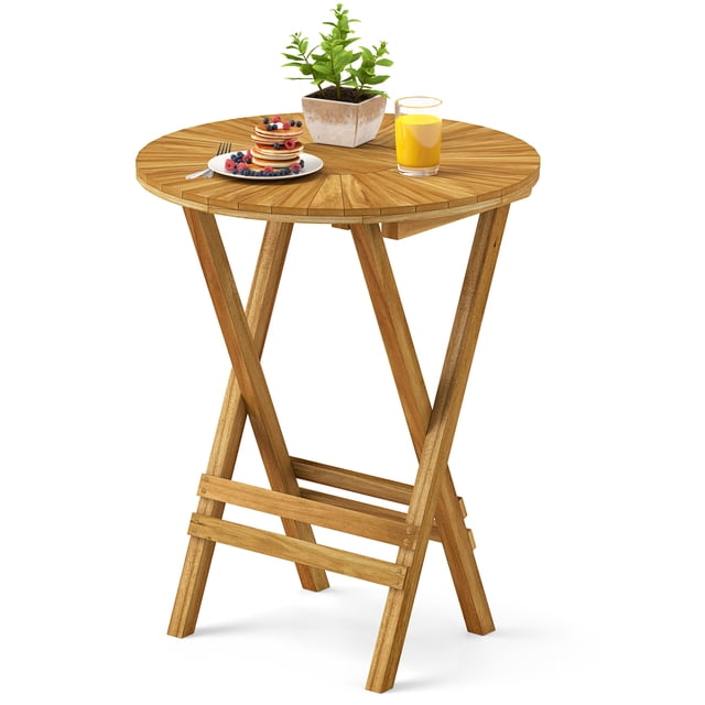 Gymax Table d'Appoint Pliant pour Patio 23,5 Pieds' Table d'Extrémité Ronde en Bois de Teck Entièrement Assemblée Naturel