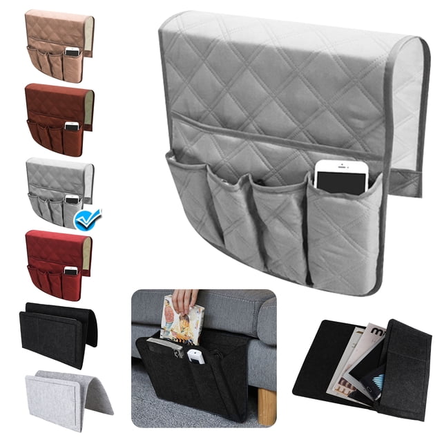 Couch Sofa Chair Armrest Remote Control Storage Organizer Holder in a quilted design, available in brown, gray, beige, and red. Features five pockets for organizing items such as phones, books, magazines, and TV remotes. Made of durable, non-woven material with waterproof and non-slip properties. Fits most couch, recliner, and chair arms. Includes a close-up of the organizer in use, placed on a sofa armrest, holding a phone and magazines.