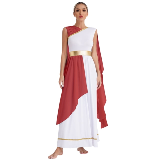 Sinleey Costume Romain Ancien pour Femmes Manches Courtes en Chiffon Robe de Danse Fête Grecque Robe Reine Bourgogne m