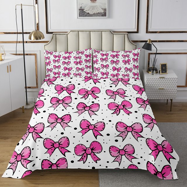 Erosebridal Princess Bowknot Coverlet Set King, Pink Ribbon Bedding Set, Cartoon Theme Decor 3pcs