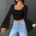 thumbnail image 2 of FAIWAD Women's Ruched Textured Crop Tops Bell Long Sleeve Square Neck Asymmetrical Streetwear Pullover Tops, 2 of 9