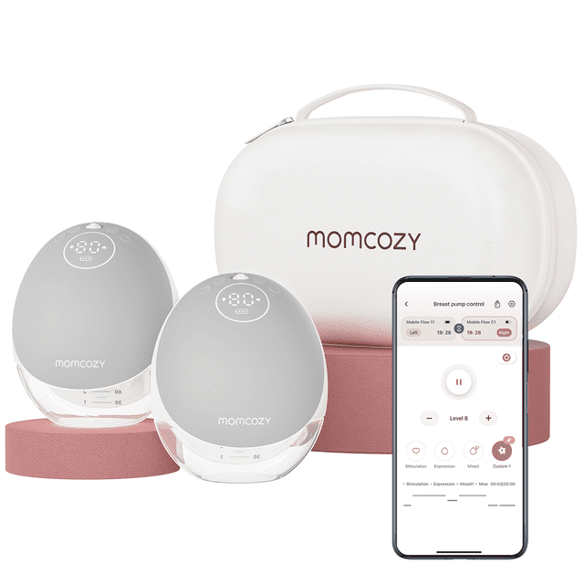 Momcozy Breast Pump Hands Free Mobile Flow | M9, featuring a discreet and wearable design with app control for personalized multi-modes and 15 suction levels. Includes two grey electric breast pumps with 24mm flanges, a white carrying case, and a smartphone displaying the Momcozy app interface for pump control. Designed for portability, comfort, and efficient milk expression with a 150ml bottle capacity and auto shut-off after 30 minutes.