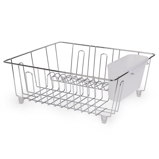 Mainstays Small Wire Dish Rack in white with rust-resistant steel frame and plastic cutlery cup, sized 14.17 by 12.64 by 5.67 inches, designed for drying and organizing dishes on kitchen countertops, featuring plastic feet to protect surfaces and suitable for organizing small kitchen utensils.