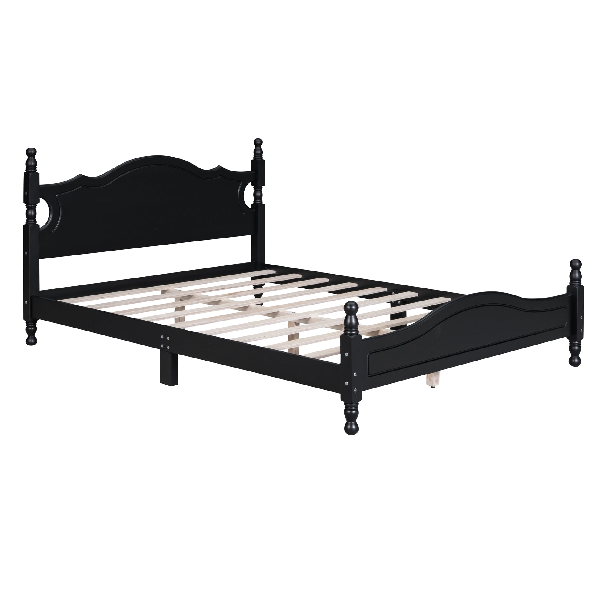 Homy Casa lit double 56,2 po avec lattes en bois, tête et pied de lit arqués pour chambre, chambre d’amis, appartement, noir