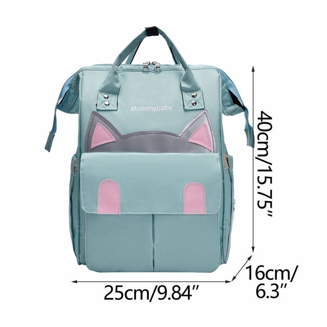 Mommy Bag Backpack Multifunctional Large Capacity Double Shoulder Mother and Baby Bag in a light blue color with pink and gray accents. Made of durable Oxford cloth, it measures 40 x 25 x 16 cm. Features include multiple compartments for organized storage, a front baby bottle compartment with insulation, an anti-theft rear pocket, and side pockets. Designed for outdoor leisure and travel, it offers a spacious interior for baby essentials and personal items.