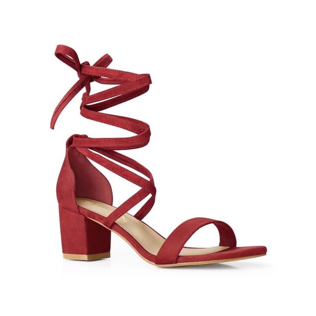 BLISSFUL STEP Women's Open Toe Lace Up Mid Chunky Heeled Sandals