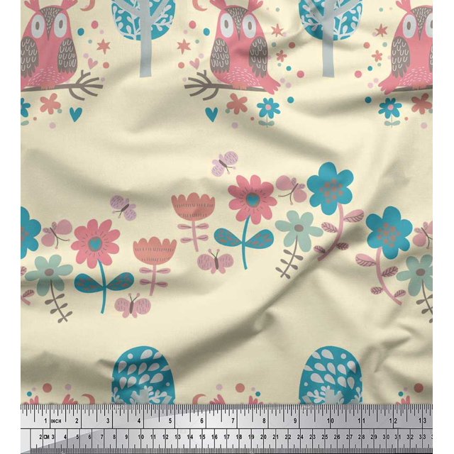 Soimoi Poly Crepe Fabric Floral,Tree & Owl Kids Print Fabric by The Yard 52 Inch Wide