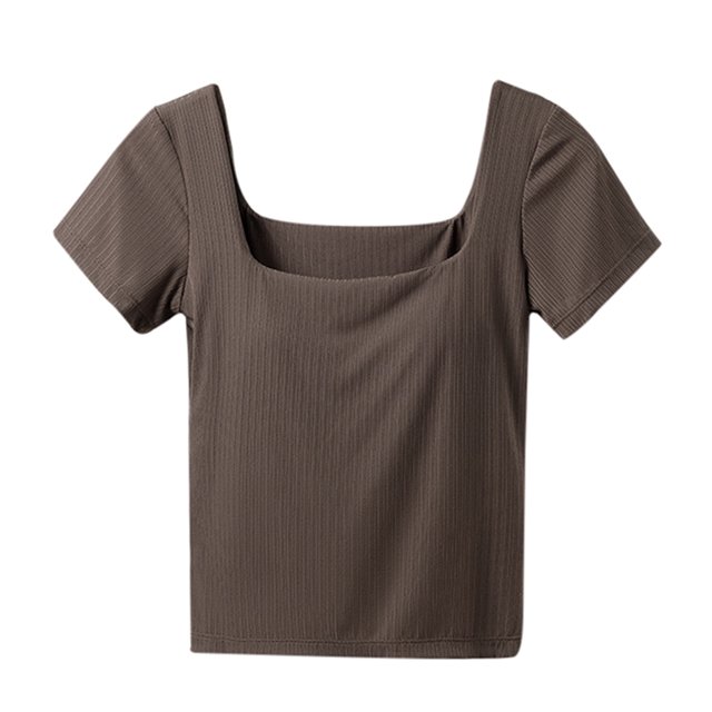 Plebaso Womens Square Neck T Shirts Built-In Bra Casual Going out Crop Tee Slim Plain Summer Basic Tops