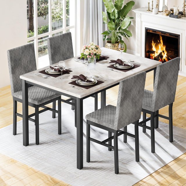 Furlinkhm Dining Table Set for 4 , Modern 5 Piece Dining Table Set Faux Marble Kitchen Table & 4 Velvet Upholstered Chairs, Dining Room Set for Small Space, Beige & Grey