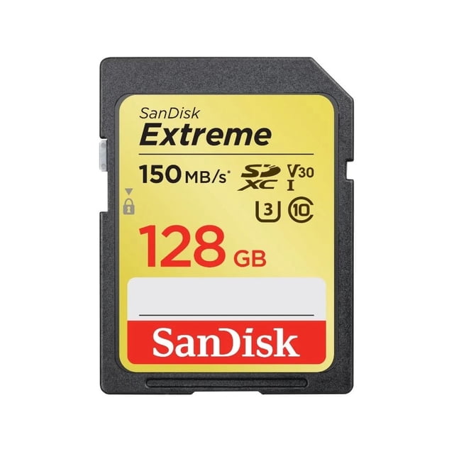 SanDisk Extreme® SDXCTM Carte UHS-I, 128 Go, Vue Frontale avec Étiquette Jaune sur Boîtier Noir, Indiquant une Vitesse de Transfert de 150 Mo/s, Classe de Vitesse UHS 3 (U3), et Classe de Vitesse Vidéo 30 (V30), Convient pour la Capture de Vidéos 4K UHD et les Transferts photo Rapides.