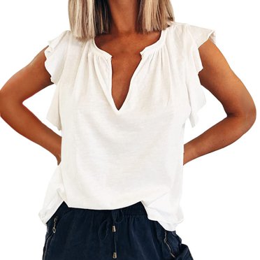 LUOGENLI T-shirts pour Femme pour Femmes Dames Mode d'Été Col en V Manches Courtes Ample Couleur Unie T-Shirt à Volants 4xlt T-shirts pour Femmes T-shirts Graphiques Vêtements d'Été T-shirts pour Femmes T-shirts Graphiques Pâques L