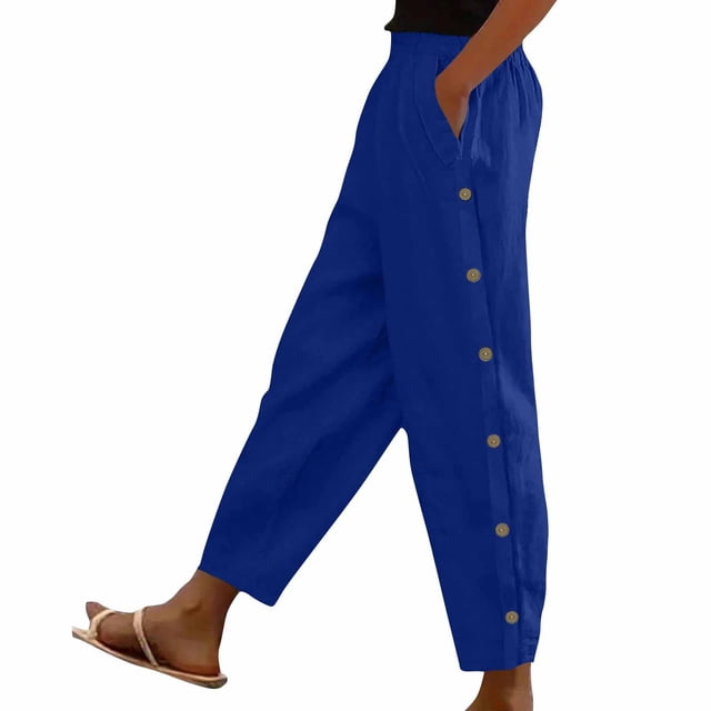 Timegard Womens Pants Elastic High Waist Lightweight Side Button Solid Color Lounge Trousers with Pockets
