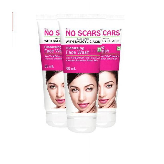 Pack of 3 NO Scars Cleansing Face Wash with Salicylic Acid, 60ml each. The tubes feature a pink and white design with aloe vera extract and salicylic acid for deep cleansing, oil control, and acne prevention. Ideal facial cleanser for radiant and balanced skin.