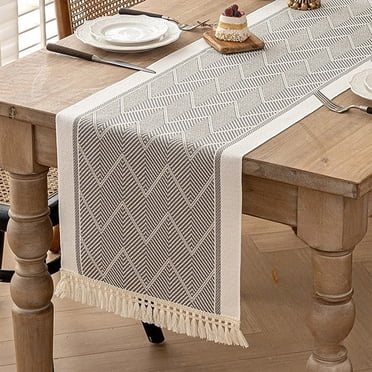 Lksixu Chemin de Table Bohème, 14"x47 Pouces Chemin de Table en Coton et Lin Brodé avec Pompon, Décoration de Table Imperméable et Réutilisable Chemin de Table Décoratif Rustique de Style Ferme pour Commode Salle à Manger Salon