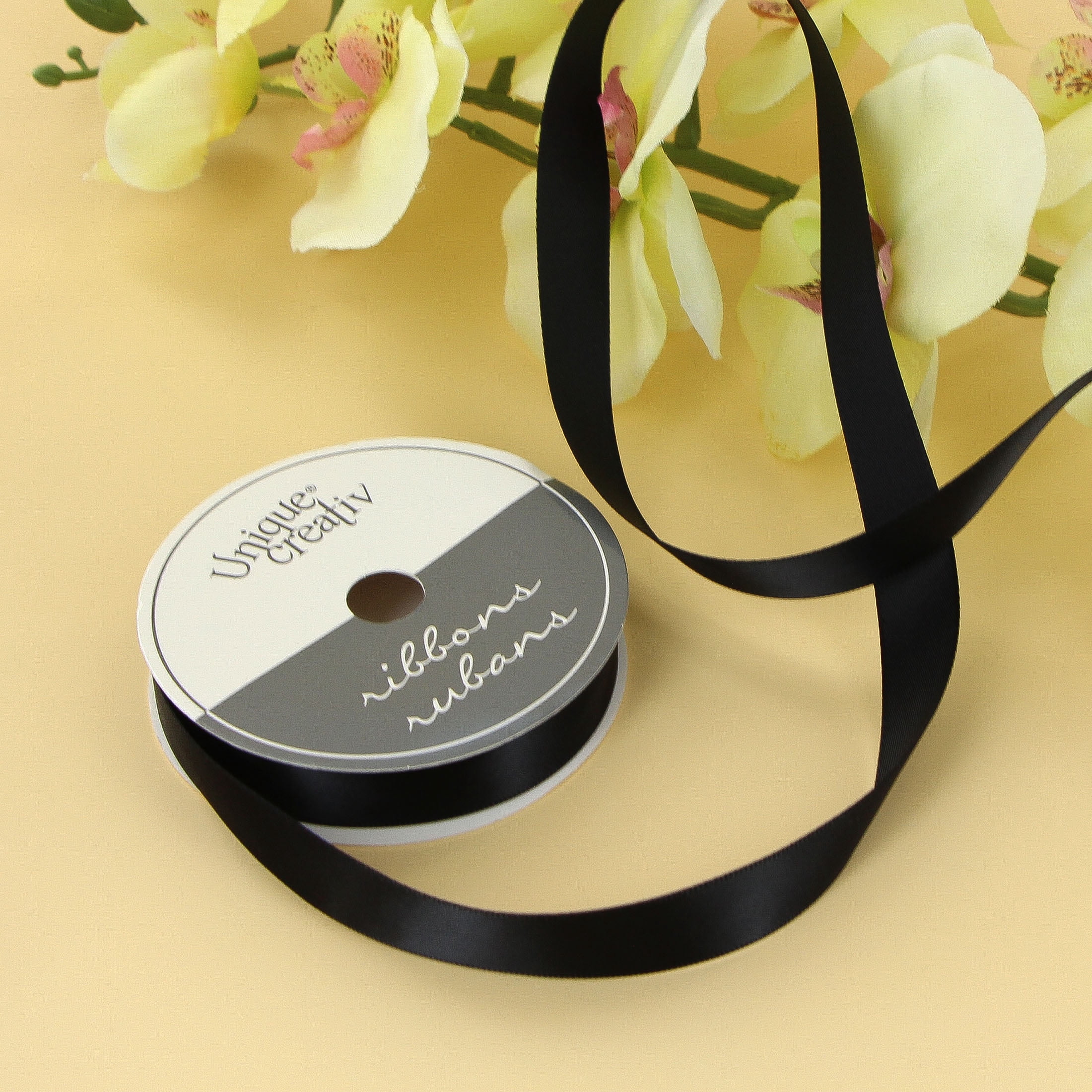 UNIQUE CREATIV Satin Ribbon Black 15 mm (0.59 in) × 5.5 m (⅝ in × 6 yd), 5.49 m (18 ft)