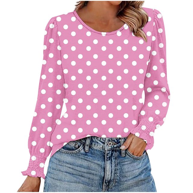 HAiming Chemises à Pois pour Femmes Décontractées à Col Rond Hauts à Volants Plissés Blouse Basique Chic T-Shirts de Travail