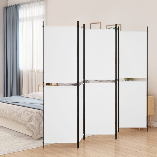 vidaXL 5-Panel Room Divider in white fabric, measuring 250x200 cm, featuring a foldable design with black iron frames. The divider is shown in a modern bedroom setting, separating the sleeping area from the rest of the room. Each panel measures 46.5x178 cm, offering a clean and breathable polyester fabric surface. Suitable for creating private spaces, blocking sunlight, or serving as a background wall.