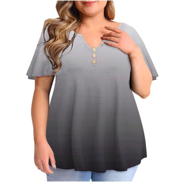 Pisexur Womens Summer Plus Size Tunic Tops Gradient Print Short Sleeve Blouses Casual Flowy Tunics Henley Shirts, XL-5XL