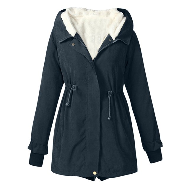 WEIYLL Womens Fleece Jacket Warm Solid Color Hooded Zipper Pockets Navy Winter Clothes Size XL