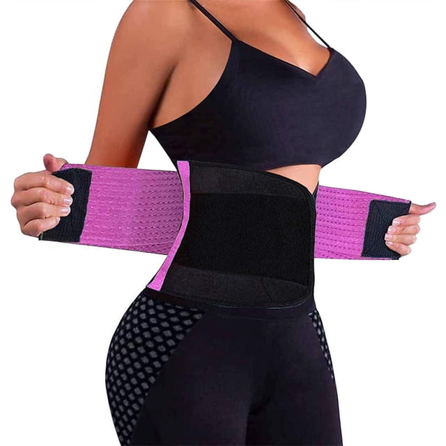Waist Trainer Corset for Weight Loss Sport Body Shaper in a vibrant pink and black design. The neoprene material features a flexible boned structure for back support and an adjustable Velcro closure for a secure fit. Suitable for sports, running, yoga, gym workouts, and postpartum support. The model demonstrates the waist trainer being worn over activewear.
