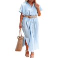 thumbnail image 3 of Femmes Maillot de Bain Couvrir Robe Manches Courtes Côté Divisé Bouton vers le Bas Longue Chemise Robe Cardigan Maxi Plage Robe Bleu, 3 of 7