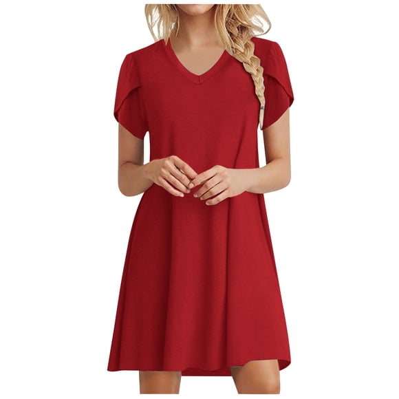 RKSTN Summer Dresses for Women Casual V Neck Petal Sleeve Solid Color Swing Vacation T Shirt Dress Loose A-Line Elastic Waist Casual Beach Dresses