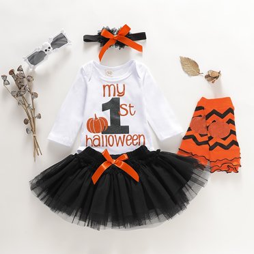 4PCS Toddler Kids Baby Girls Halloween Romper Jumpsuit Top+Tuller Party Mini Skirt Outfits Set
