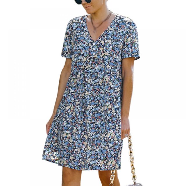 Femmes Mini Robe - Mignon Boho Manches Courtes V Robe Florale Robe de Plage Décontractée Robe de Balançoire