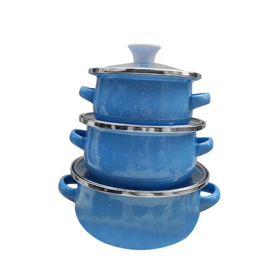 Transemion 3Pcs Enamel Mini Pot Set Universal Cookware Set Enamel Home Cooking Portable light blue