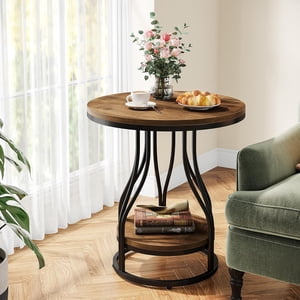 Tribesigns 2-Tier Round Side End Table, Modern Bedside Nightstand with Storage Shelf for Living Room, Couch Side (1, Brown+Black)