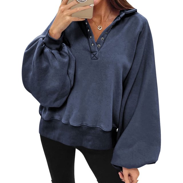 2023 Chandail en Molleton de Mode pour Femmes 50 % de Rabais Liquidation Mode Manches Longues Col Rabattu Couleur Unie Hauts Amples Blouse Chandails en Molleton