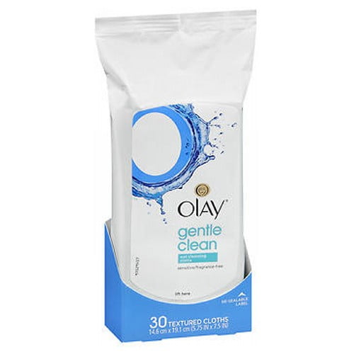 Olay Cleanse Gentle Facial Cloths fragrance-free pack with 30 textured facial wipes measuring 14.5 by 18.1 cm, designed for sensitive skin to gently lift dirt, makeup, and waterproof mascara while hydrating with aloe and light moisture.