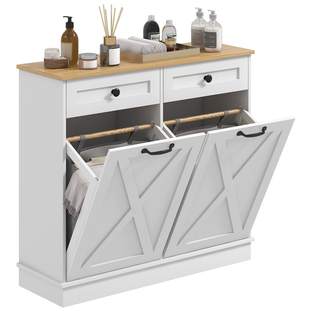 HOMCOM Tilt Out Laundry Hamper Cabinet with 2 Baskets and 2 Drawers, Black freestanding bathroom storage cabinet with two front tilt-out hampers and two top drawers, painted MDF construction, slim 39.4" L x 13" W x 35.4" H, removable laundry baskets with cutout handles and anti-tipping base; suitable as a compact linen organizer.