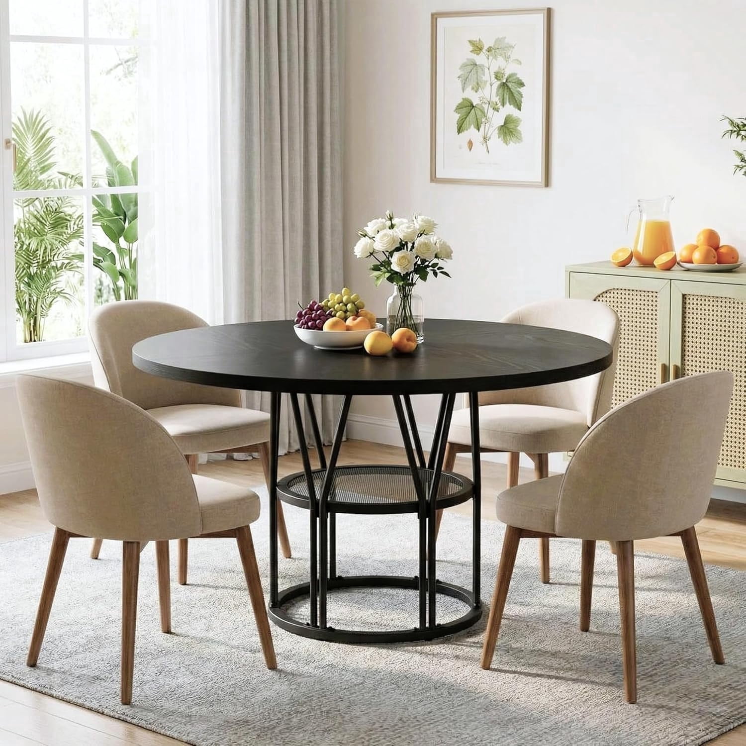 47 in Round Dining Table for 4-6, Circle Kitchen Table with Storage Shelf and Metal Frame, Black