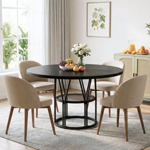 47 in Round Dining Table for 4-6, Circle Kitchen Table with Storage Shelf and Metal Frame, Black