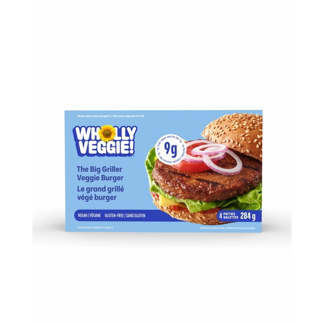 Le Grand Emballage de Burgers de Légumes pour Gril Montre un sandwich aux Graines de Sésame avec une Galette Grillée à Base de Plantes, une Laitue, une Tomate et un Oignon Rouge sur un Emballage Bleu. Il Met en Valeur 9 g de Protéines d'Origine Végétale par Galette, Végane et Sans Gluten, avec Quatre Galettes Totalisant 284 Grammes, Idéal pour le Gril Ou la Cuisson sur la Cuisinière.