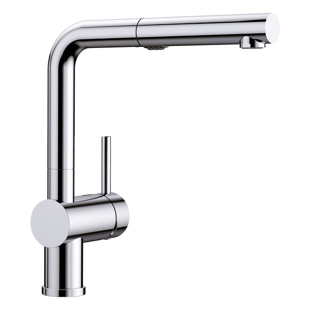Linus Robinet de Cuisine à Double Pulvérisation à Arc Bas et Extraction, Fini chrome par BLANCO. Doté d'Un design Épuré et Profil Bas avec une Pulvérisation Manuelle Isolée à Extraction Offrant des Fonctions de Pulvérisation Doubles. Fabriqué en Laiton Massif durable avec un Tuyau de Pulvérisation en nylon Résistant aux Plis, Idéal pour les Cuisines Contemporaines Ou les Espaces avec un Dégagement de Plafond Limité.