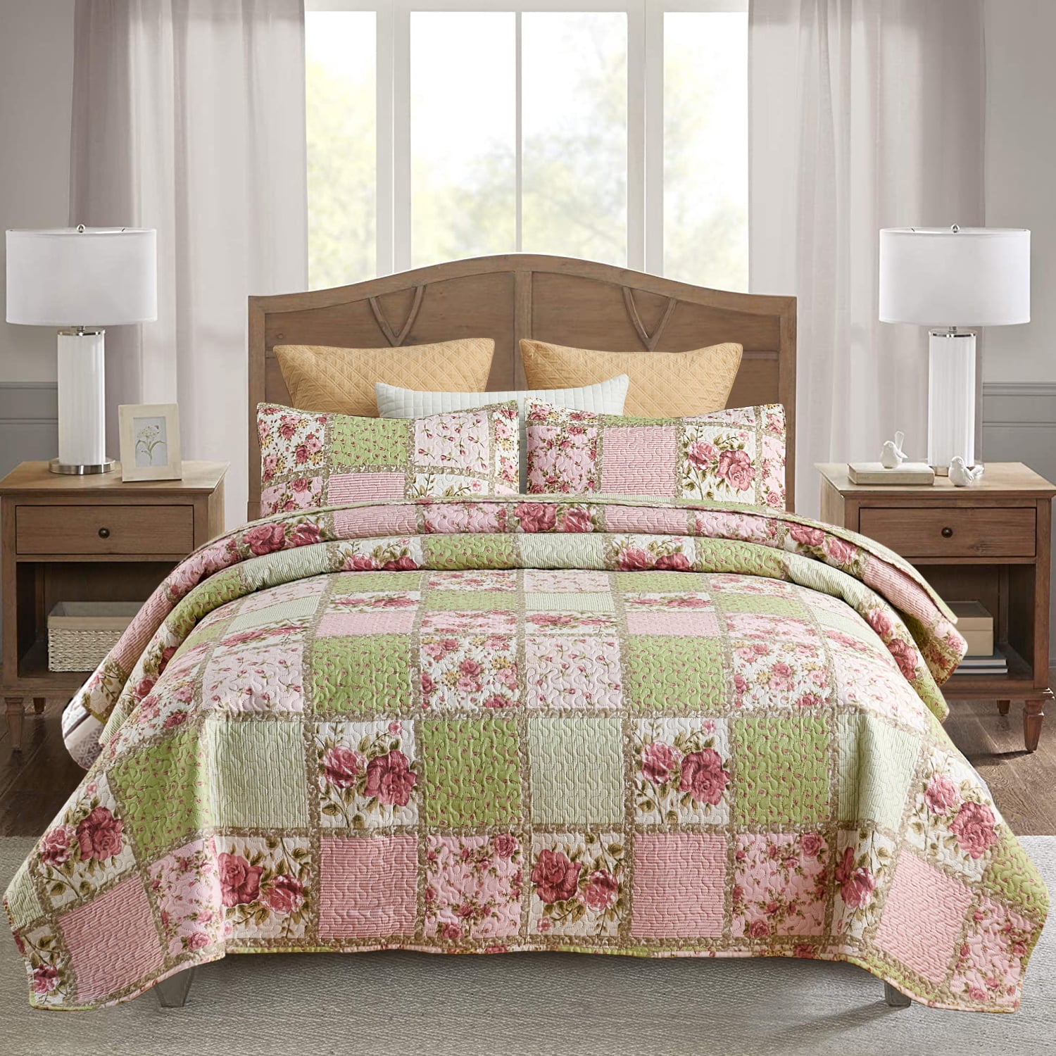 JML Ensemble de Couvre-Lit, King, Fleur Rose Verte, 3 Pcs