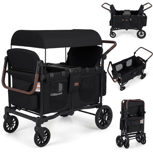 INFANS 4 Seater Wagon Stroller, All-Terrain Foldable Wagon for 4 Kids with Adjustable Push Pull Handles, 5-Point Harness, Detachable Seats, Snack Tray, Insulated Organizer, Removable Canopy