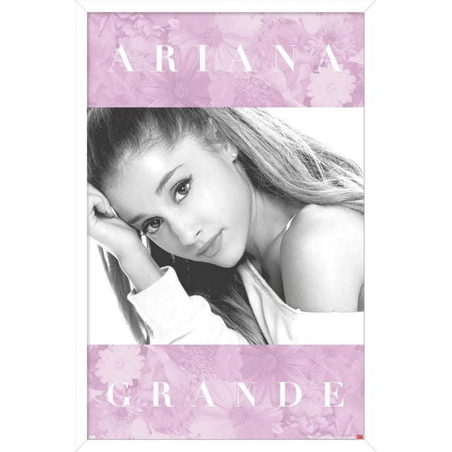 Ariana Grande - Floral Wall Poster, 14.725" x 22.375" featuring a black and white close-up of a woman with long hair wearing an off-shoulder top, framed by pink floral bands with 'ARIANA' and 'GRANDE' in white capital letters, ideal for bedroom or dorm room wall decor.