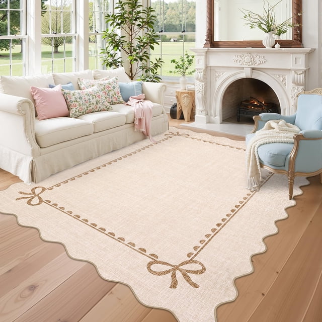 GlowSol 5'x7' Scalloped Bow Border Area Rug, Modern Solid Washable Rug with Non Slip TPR Backing, Stain Resistant Low Pile Indoor Carpet Mat for Bedroom Hallway Nursery Decor, Beige