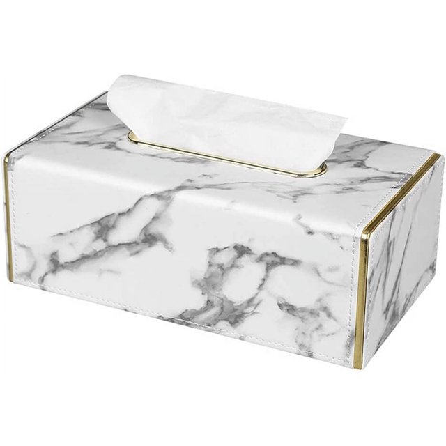 ORUYROP Leather Tissue Box Holder-Waterproof Rectangular Tissue Box Cover Vintage Napkin Paper Holder for Home,Office&Car Decor (White Marble with Golden Rim)