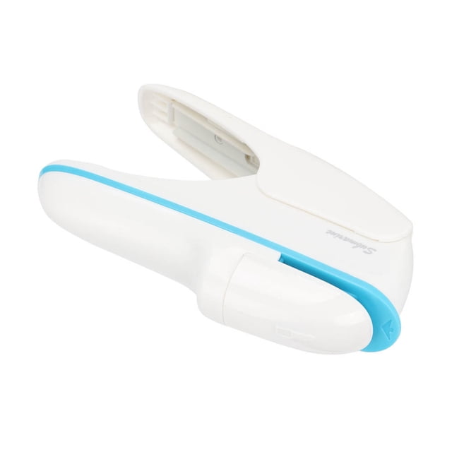 Stapleless Stapler, a white and blue ABS stapleless stapling machine with an ergonomic handle for comfortable one-handed operation. Designed for safe and needle-free binding of up to 8 pages of 70g paper, suitable for school and office use.