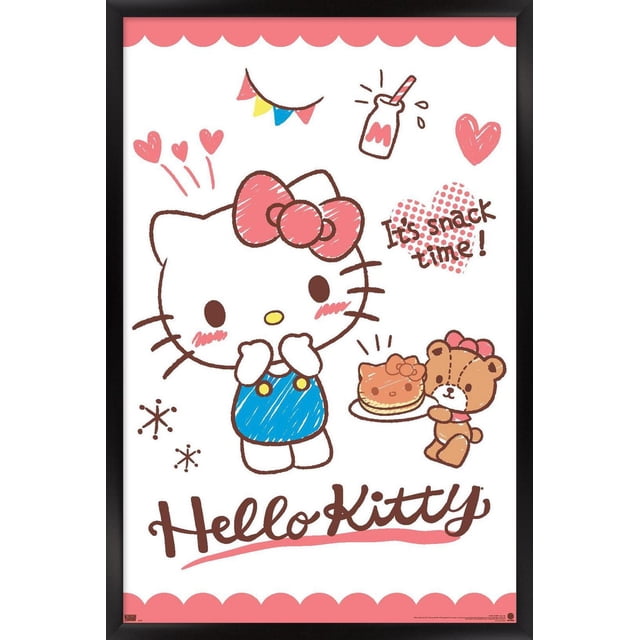 Hello Kitty: 25 Snack Time - Kitty Pancakes Wall Poster, 22.375" x 34" framed, depicting a front-facing Hello Kitty in a blue outfit with yellow buttons and a pink bow. A teddy bear with a pink bow holds a plate with a Hello Kitty-shaped pancake. The poster features pink scalloped borders, hearts, a milk bottle with a straw, and the text "It's snack time!" on a white background, suitable for home décor and kids' rooms.