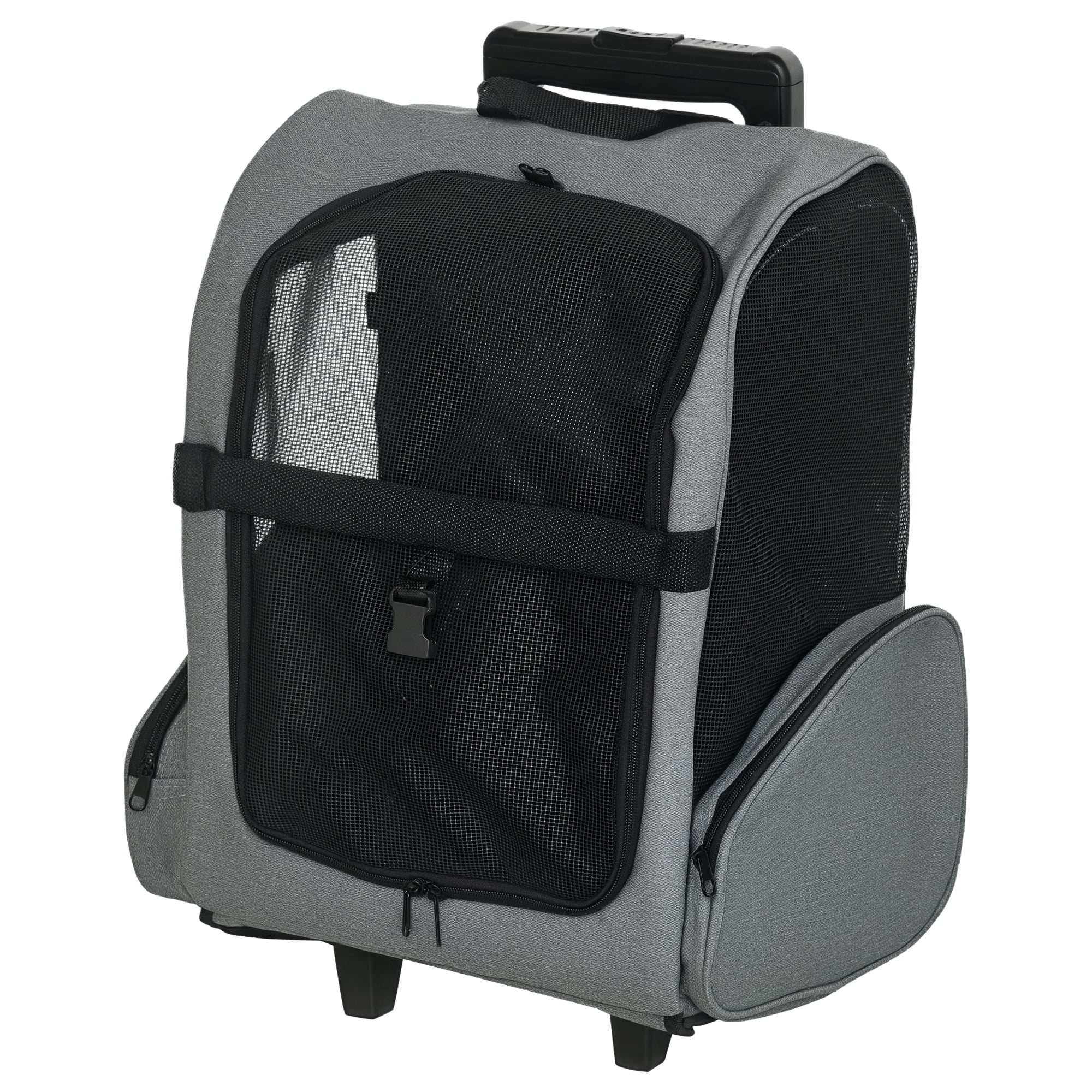PawHut 2-IN-1 Pet Luggage Box Backpack Carrier w/ Handle Rolling Wheel Grey